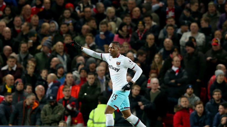 Diafra Sakho of West Ham United celebrates scoring against Manchester United
