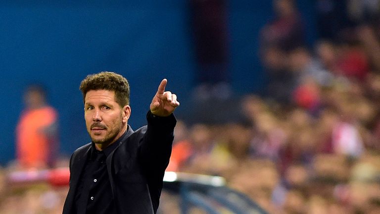 Diego Simeone gestures during the Champions League quarter final first leg between Atletico Madrid and Leicester
