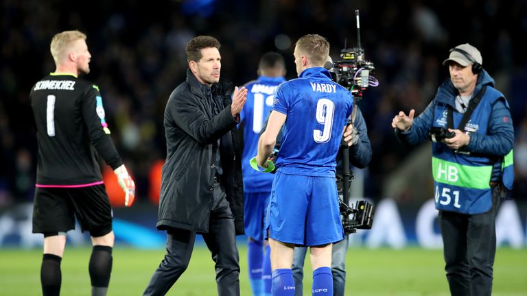 Atletico Madrid manager Diego Simeone goes to shake hands with Leicester City's Jamie Vardy after the second leg of the UEFA Champions League quarter final