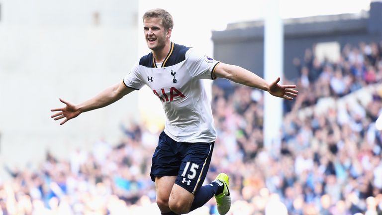 LONDON, ENGLAND - APRIL 08: Eric Dier of Tottenham Hotspur celebrates scoring his sides second goal during the Premier League match between Tottenham Hotsp