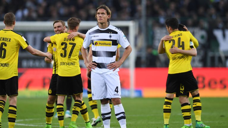Moenchengladbach's Danish defender Jannik Vestergaard reacts after the German first division Bundesliga football match of Borussia Moenchengladbach vs Boru