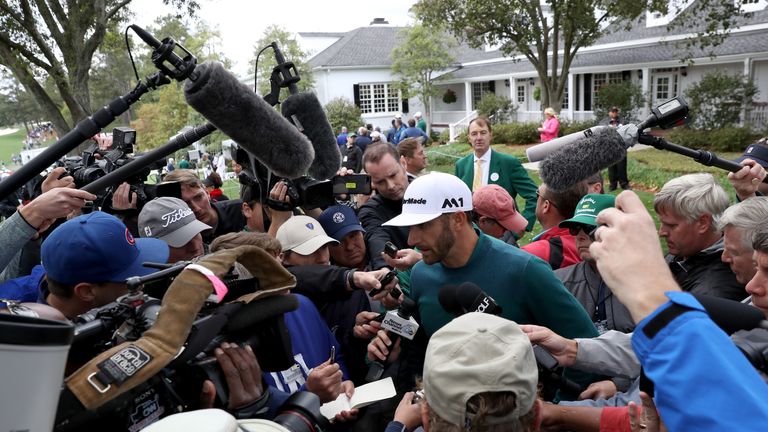 AUGUSTA, GA - APRIL 06:  Dustin Johnson of the United States talks to the media announcing his withdrawl during the first round of the 2017 Masters Tournam