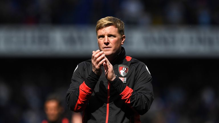 Eddie Howe applauds the travelling fans after the 4-0 defeat to Tottenham