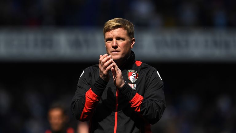Eddie Howe shows appreciation to the fans after the Premier League match between Tottenham and Bournemouth 