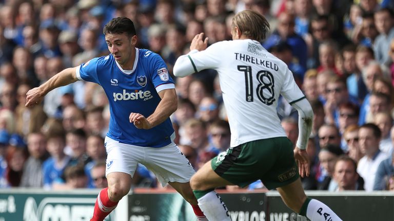 Enda Stevens takes on Oscar Threlkeld during the Sky Bet League Two match at Fratton Park
