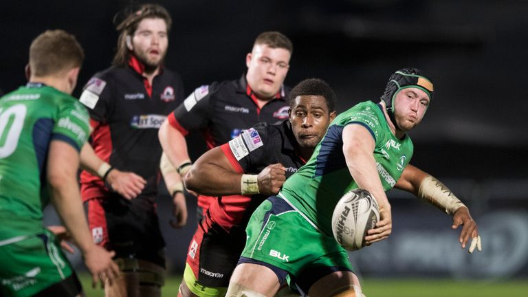 07/04/17 GUINNESS PRO12 . EDINBURGH V CONNACHT. MYRESIDE - EDINBURGH. Edinburgh's Viliame Mata (left) tackles Connacht's Eoin McKeon