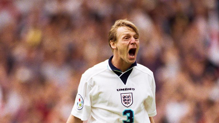 Stuart Pearce celebrates after scoring his penalty against Spain at Wembley Stadium during Euro '96