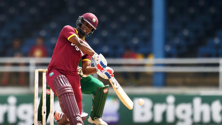 West Indies' Evin Lewis plays a shot during the third of four-T20I-match between West Indies and Pakistan at the Queens Park Oval in Port of Spain, Trinida