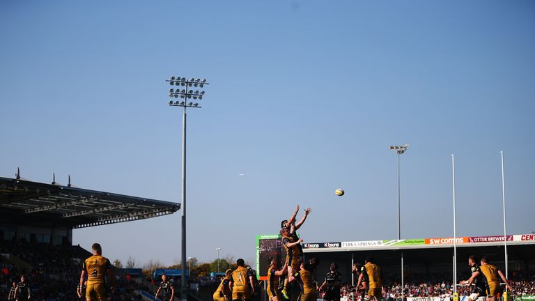  Exeter and Bristol compete for a line-out during their Aviva Premiership match at Sandy Park
