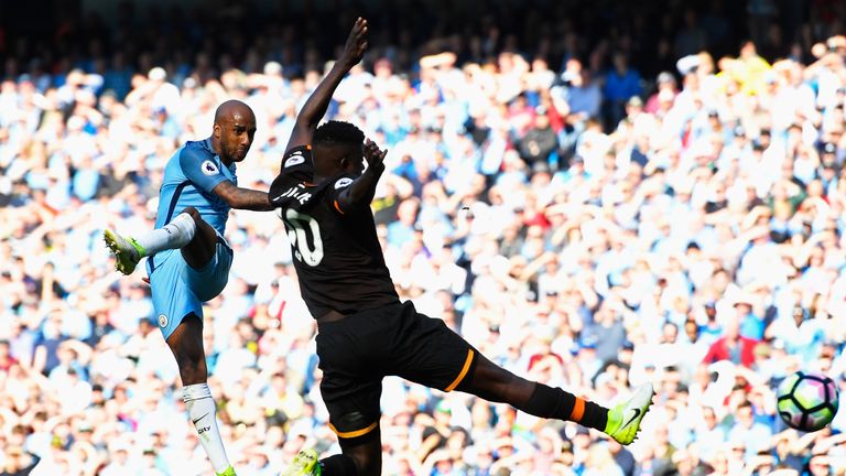 MANCHESTER, ENGLAND - APRIL 08: Fabian Delph of Manchester City scores his side's 3rd goal during the Premier League match between Manchester City and Hull