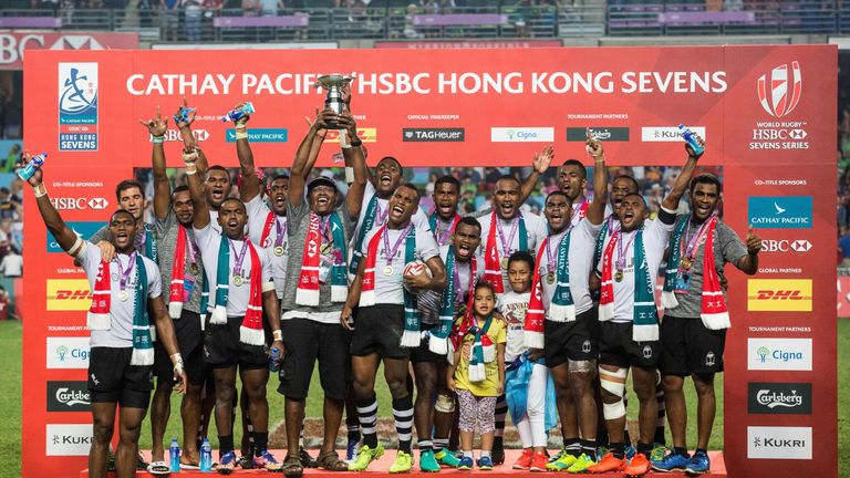 Fiji celebrate winning the Cup Final against South Africa on the third and final day of the Hong Kong Rugby Sevens 