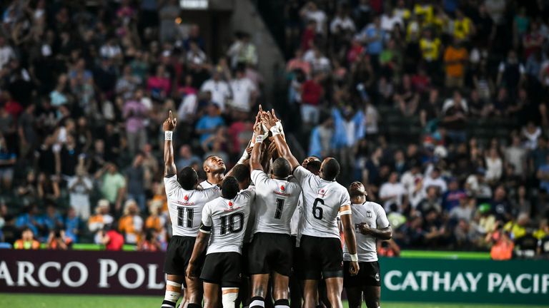 Fiji huddle before playing the Cup Final against South Africa on the third day of the Hong Kong Rugby Sevens 