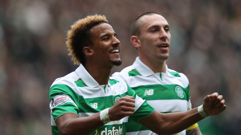 GLASGOW, SCOTLAND - JANUARY 29:  Scott Sinclair of Celtic celebrates with Scott Brown after he scores the second goal during the Ladbrokes Scottish Premier