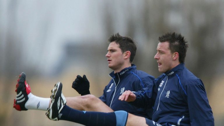 LONDON - MARCH 8:  Frank Lampard (L) and John Terry of Chelsea warm up during training at Chelsea's training ground on March 8, 2004 in London.  (Photo by 