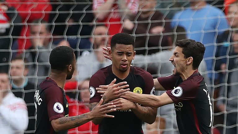MIDDLESBROUGH, ENGLAND - APRIL 30:  Gabriel Jesus of Manchester City is congratulated by team mates after he scores his team's second goal during the Premi