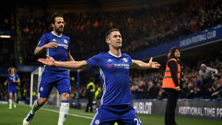 Gary Cahill of Chelsea celebrates as he scores their second goal during the Premier League match between Chelsea and Southampt