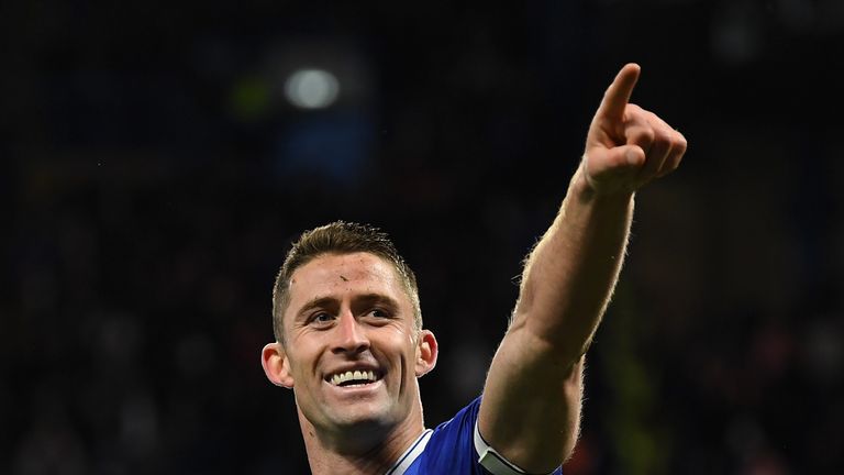 LONDON, ENGLAND - APRIL 25:  Gary Cahill of Chelsea celebrates as he scores their second goal during the Premier League match between Chelsea and Southampt