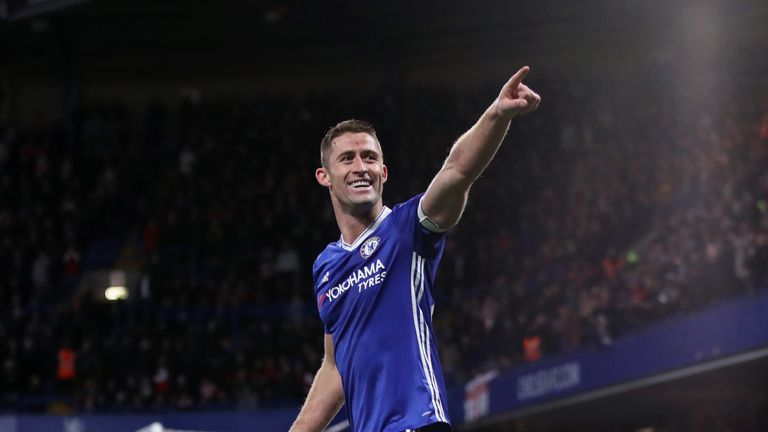 Chelsea's Gary Cahill celebrates scoring his side's second goal of the game during the Premier League match at Stamford Bridge, London.