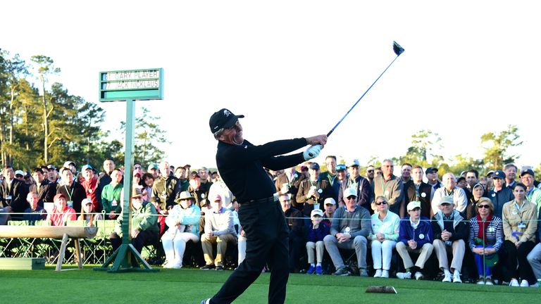 AUGUSTA, GA - APRIL 06:  Honorary starter Gary Player plays his shot during the first tee ceremony prior to the first round of the 2017 Masters Tournament 