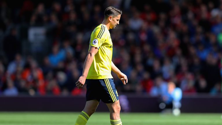 BOURNEMOUTH, ENGLAND - APRIL 22:  Gaston Ramirez of Middlesbrough walks off the pitch after being shown a red card during the Premier League match between 