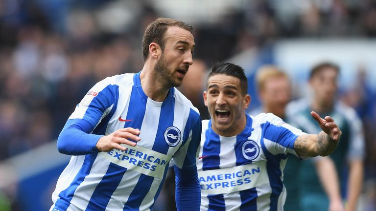 BRIGHTON, ENGLAND - APRIL 17:  Glenn Murray (L) of Brighton and Hove Albion celebrates scoring the opening goal during the Sky Bet Championship match betwe