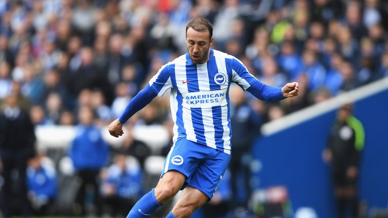 BRIGHTON, ENGLAND - APRIL 17:  Glenn Murray of Brighton and Hove Albion scores the opening goal during the Sky Bet Championship match between Brighton and 