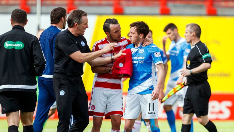 Tempers flare as the teams go into the dressing room at half time - Hamilton v St Johnstone