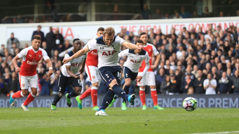 Tottenham Hotspur's Harry Kane scores his side's second goal of the game from the penalty spot v Arsenal during the Premier League match at White Hart Lane