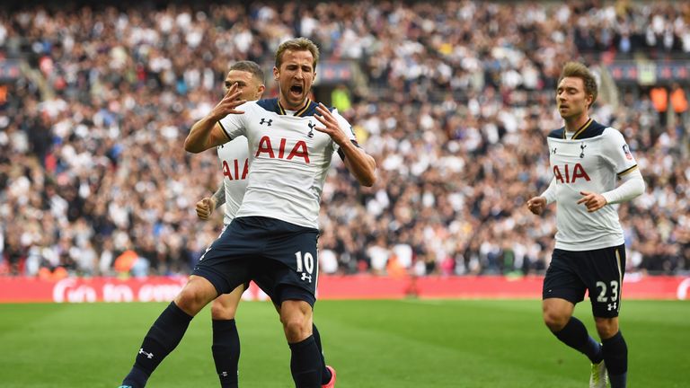 Harry Kane celebrates after equalising for Tottenham at Wembley