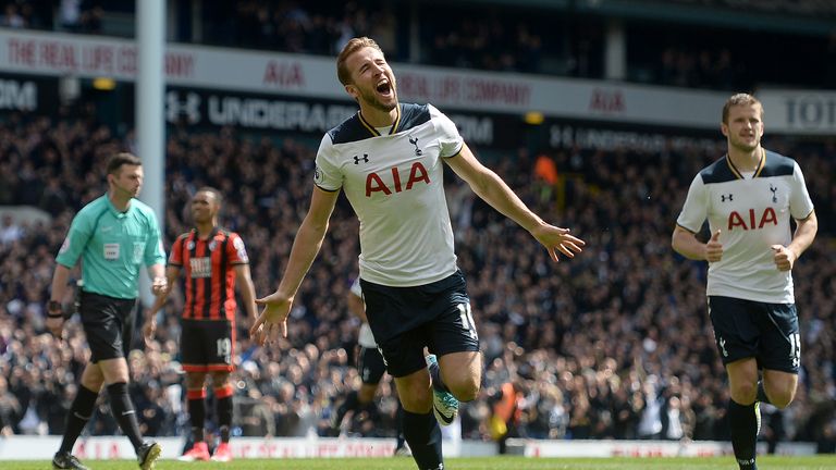 Harry Kane celebrates scoring Tottenham's third goal of the game