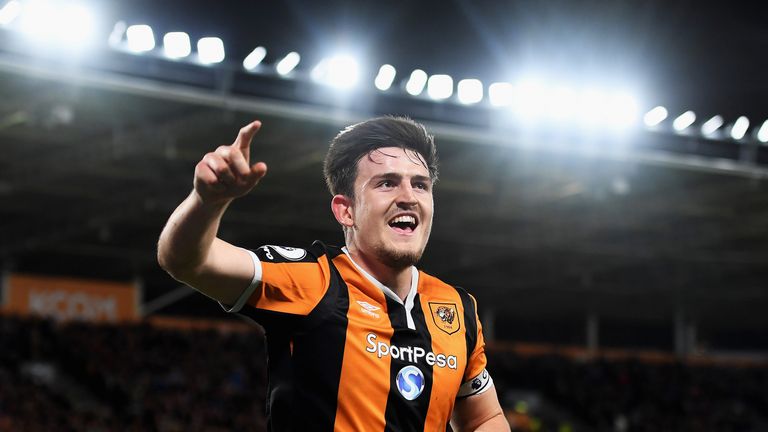 Harry Maguire celebrates after scoring a fourth for Hull City at KCOM Stadium