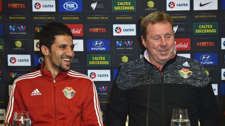 Jordan's football team coach Harry Redknapp (R) and player Hamza Al-Dardour (L) attend a press conference in Sydney on March 28, 2016. 

Jordan will play A