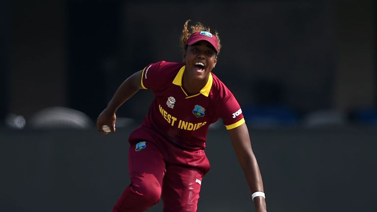 Hayley Matthews celebrates after taking a catch off her own bowling to dismiss Australia's Alyssa Healy during the World T20 final at Eden Gardens