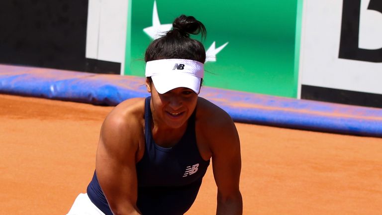 CONSTANTA, ROMANIA - APRIL 22:  Heather Watson warms up ahead of the Fed Cup World Group II Play Off match between Great Britain and Romania on April 22, 2