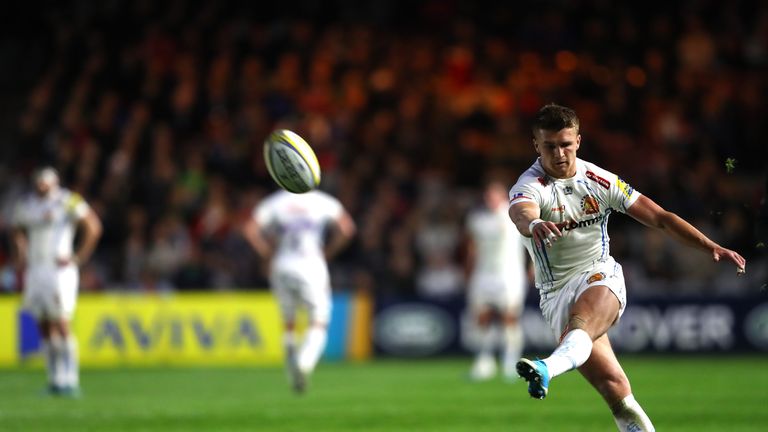 Henry Slade of Exeter Chiefs converts a try against Harlequins