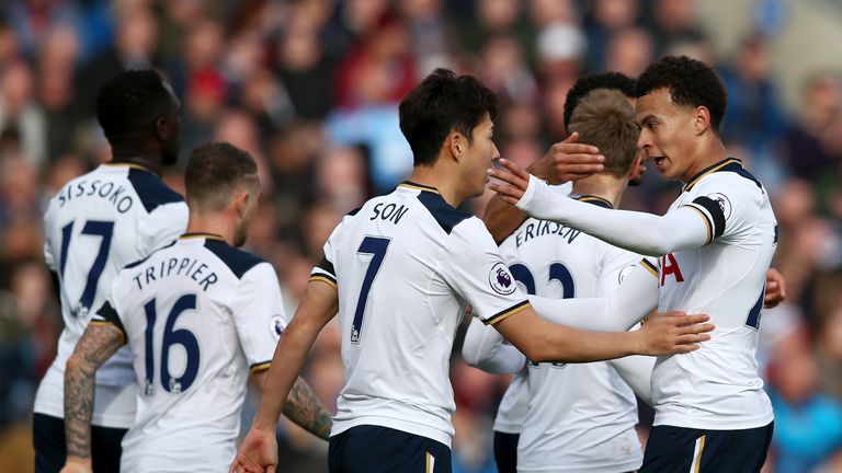 BURNLEY, ENGLAND - APRIL 01:  Heung-Min Son of Tottenham Hotspur (L) celebrates scoring his sides second goal with Dele Alli of Tottenham Hotspur (R) durin