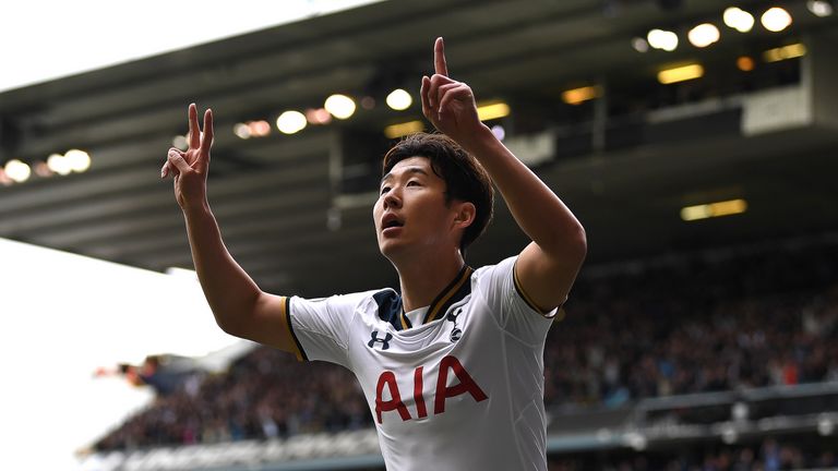 Heung-Min Son celebrates scoring Tottenham's second goal