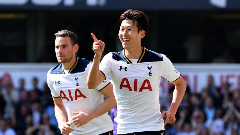 Heung-Min Son celebrates scoring his second goal for Tottenham against Watford