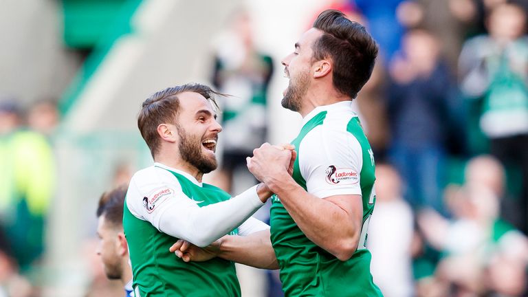 Hibernian's Darren McGregor (R) celebrates his opener with Andrew Shinnie