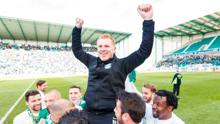 Hibernian manager Neil Lennon celebrates at full time