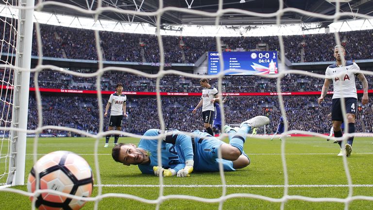 Hugo Lloris is beaten by Willian's free-kick during Tottenham's defeat to Chelsea