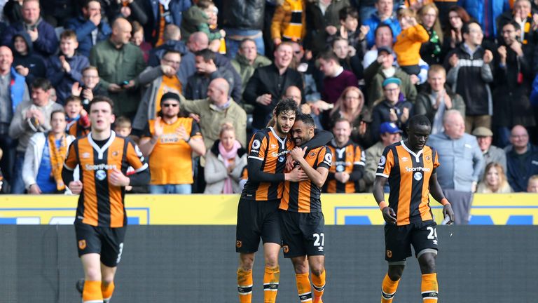 HULL, ENGLAND - APRIL 01: Andrea Ranocchia of Hull City (CL) celebrates scoring his sides second goal with Ahmed Elmohamady of Hull City (CR) during the Pr