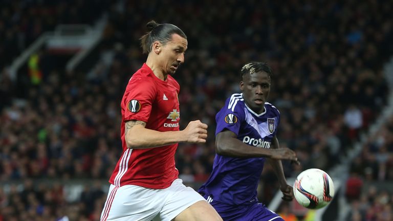 Zlatan Ibrahimovic of Manchester United in action with Alexandru Chipciu of RSC Anderlecht during the UEFA Europa League quarter final