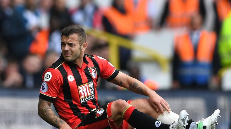 LONDON, ENGLAND - APRIL 15: Jack Wilshere of AFC Bournemouth goes down injured during the Premier League match b
