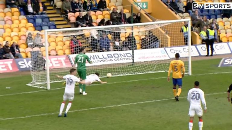 Mansfield Town goalkeeper trips Luton Town striker Danny Hylton after he scores penalty at One Call Stadium.
