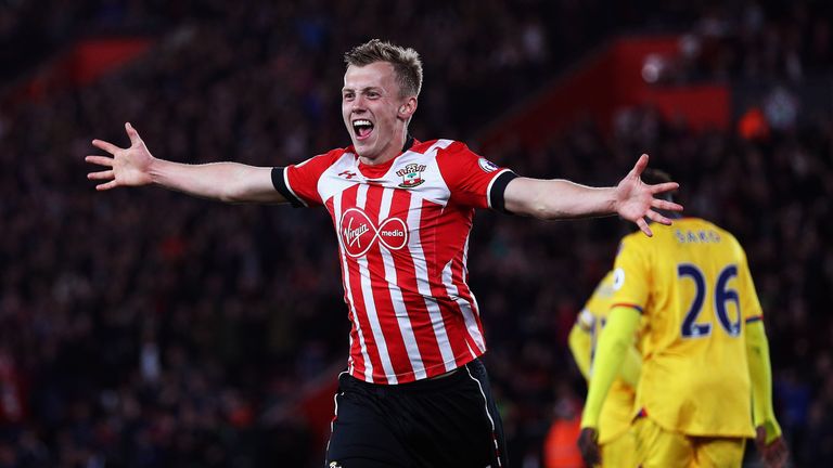 James Ward-Prowse celebrates a third Southampton goal in the closing minutes of the game