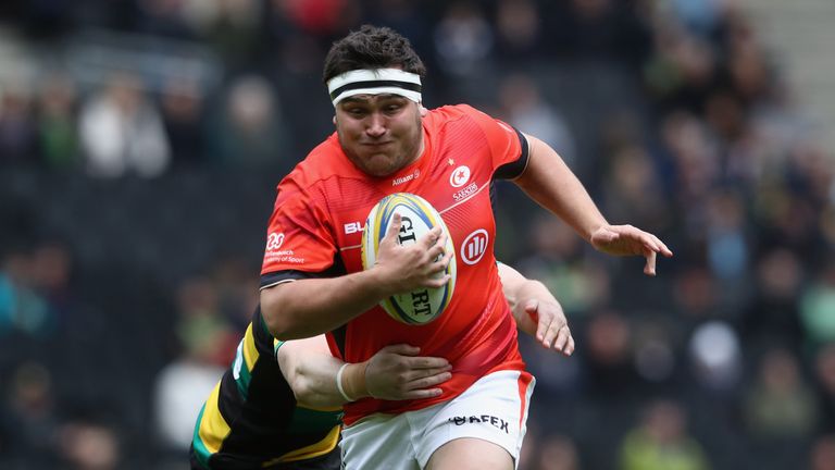 MILTON KEYNES, ENGLAND - APRIL 16:  Jamie George of Saracens breaks with the ball during the Aviva Premiership match between Northampton Saints and Saracen