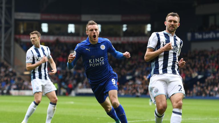 WEST BROMWICH, ENGLAND - APRIL 29: Jamie Vardy of Leicester City celebrates scoring his sides first goal  during the Premier League match