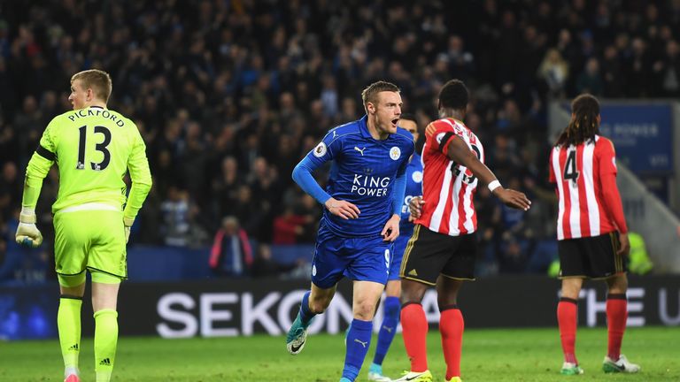 LEICESTER, ENGLAND - APRIL 04: Jamie Vardy of Leicester City celebrates scoring his sides second goal during the Premier League match between Leicester Cit