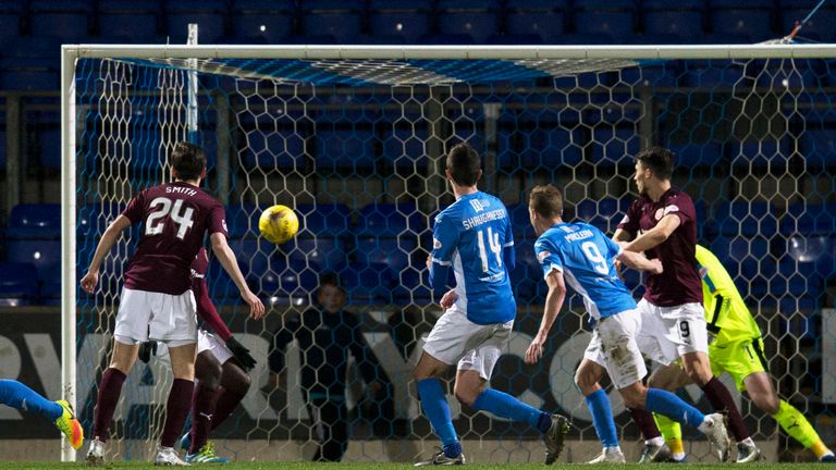 St Johnstone's Joe Shaughnessy (centre) scores the winning goal against Hearts